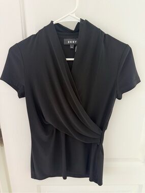 DKNY Black Short-Sleeve Faux-Wrap Blouse